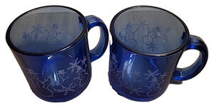 Lot of 2 Cobalt Blue Snowman Snowflake Glass Coffee Mug Cup Made in USA VTG